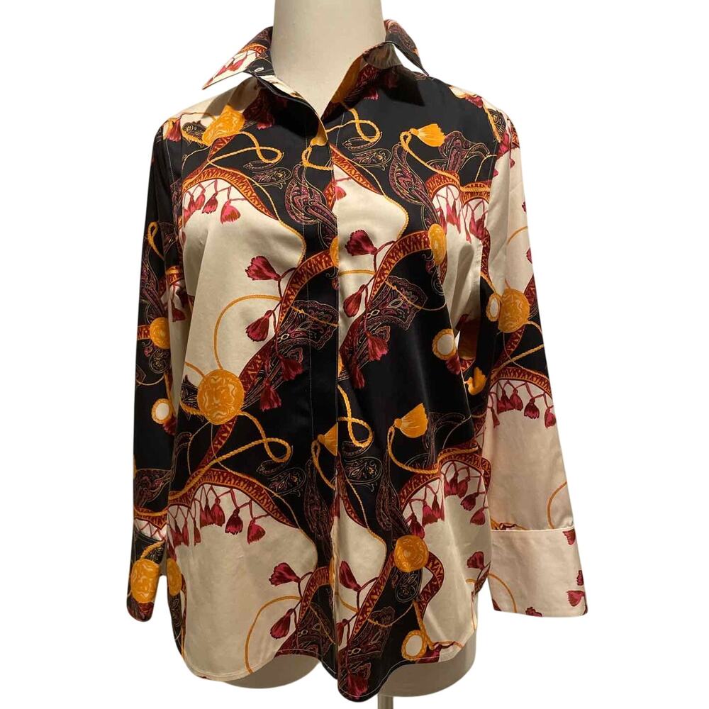 Chico's Size 3 (14/16) Top No-Iron Cotton Tassel Status Print‎